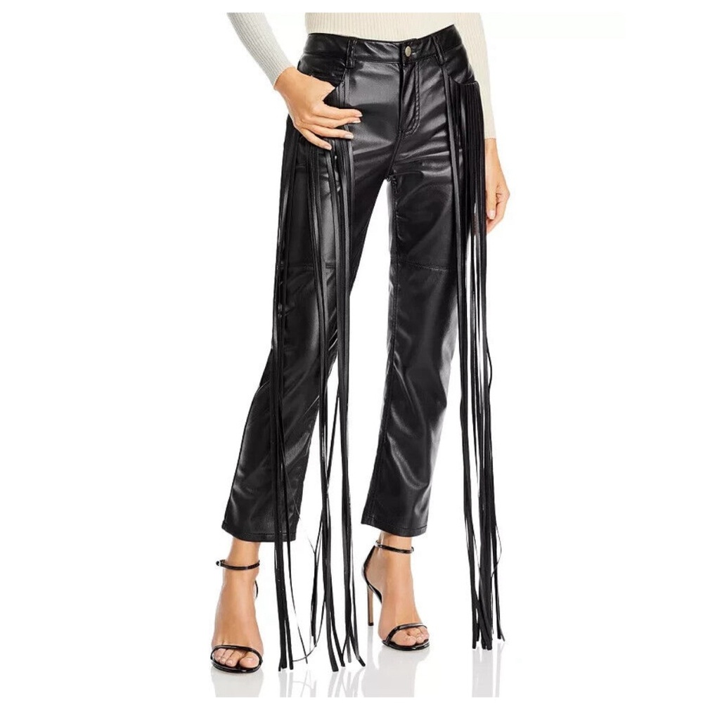HELLESSY Allie Fringe Black Faux Leather Straight Leg Pants Cocktail Size 10